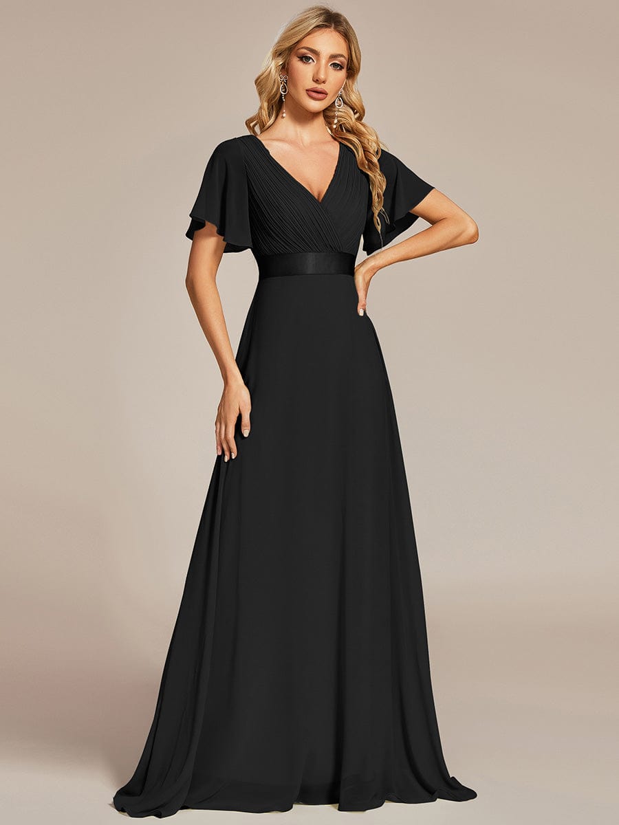 Empire Waist Floor Length Bridesmaid Dress with Short Flutter Sleeves #color_Black