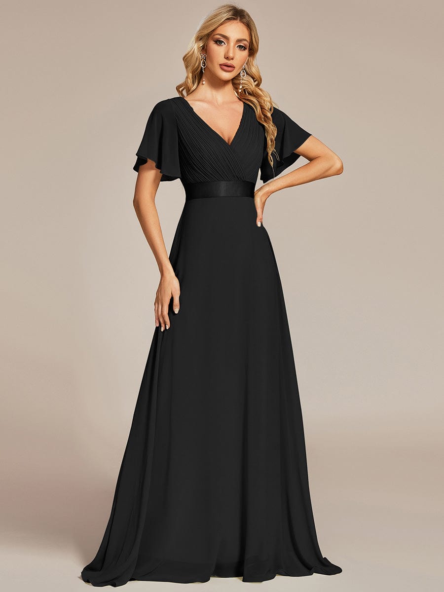 High Waist Maxi Chiffon Bridesmaid Dress with Short Sleeves #color_Black