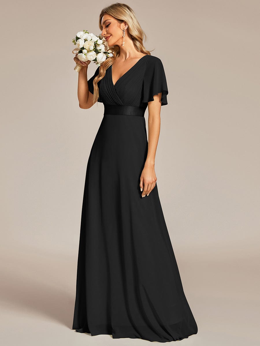 High Waist Maxi Chiffon Bridesmaid Dress with Short Sleeves #color_Black