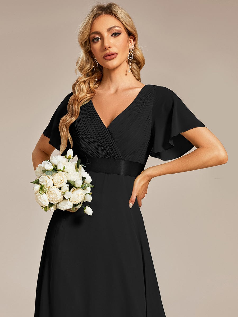 High Waist Maxi Chiffon Bridesmaid Dress with Short Sleeves #color_Black