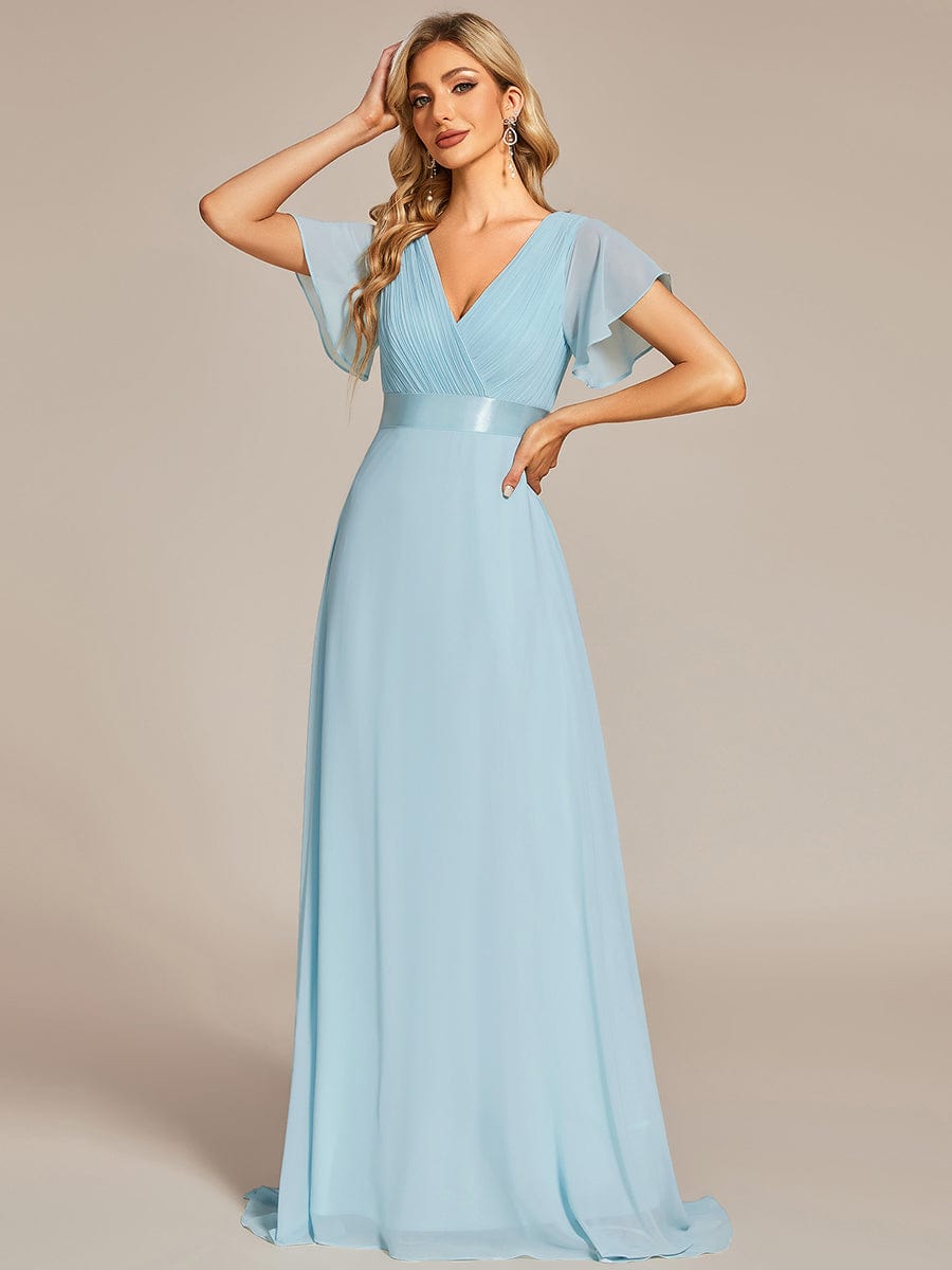 Custom Size V-neck Empire Waist Maxi Bridesmaid Dress with Short Sleeves #color_Sky Blue