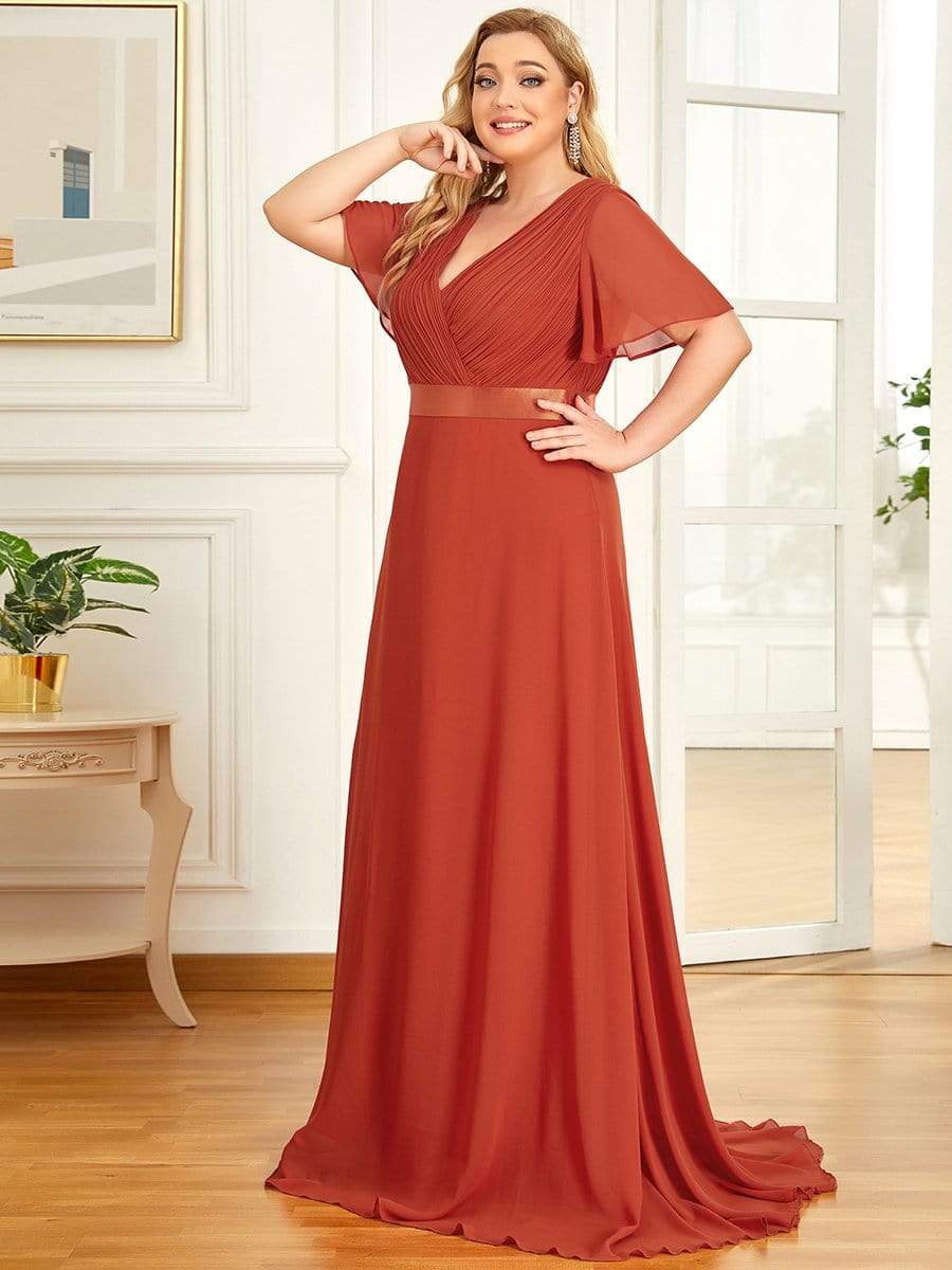 Flutter Sleeves Long Plus Size Bridesmaid Dress #color_Burnt Orange