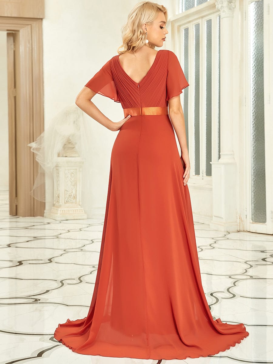 Custom Size V-neck Empire Waist Maxi Bridesmaid Dress with Short Sleeves #color_Burnt Orange