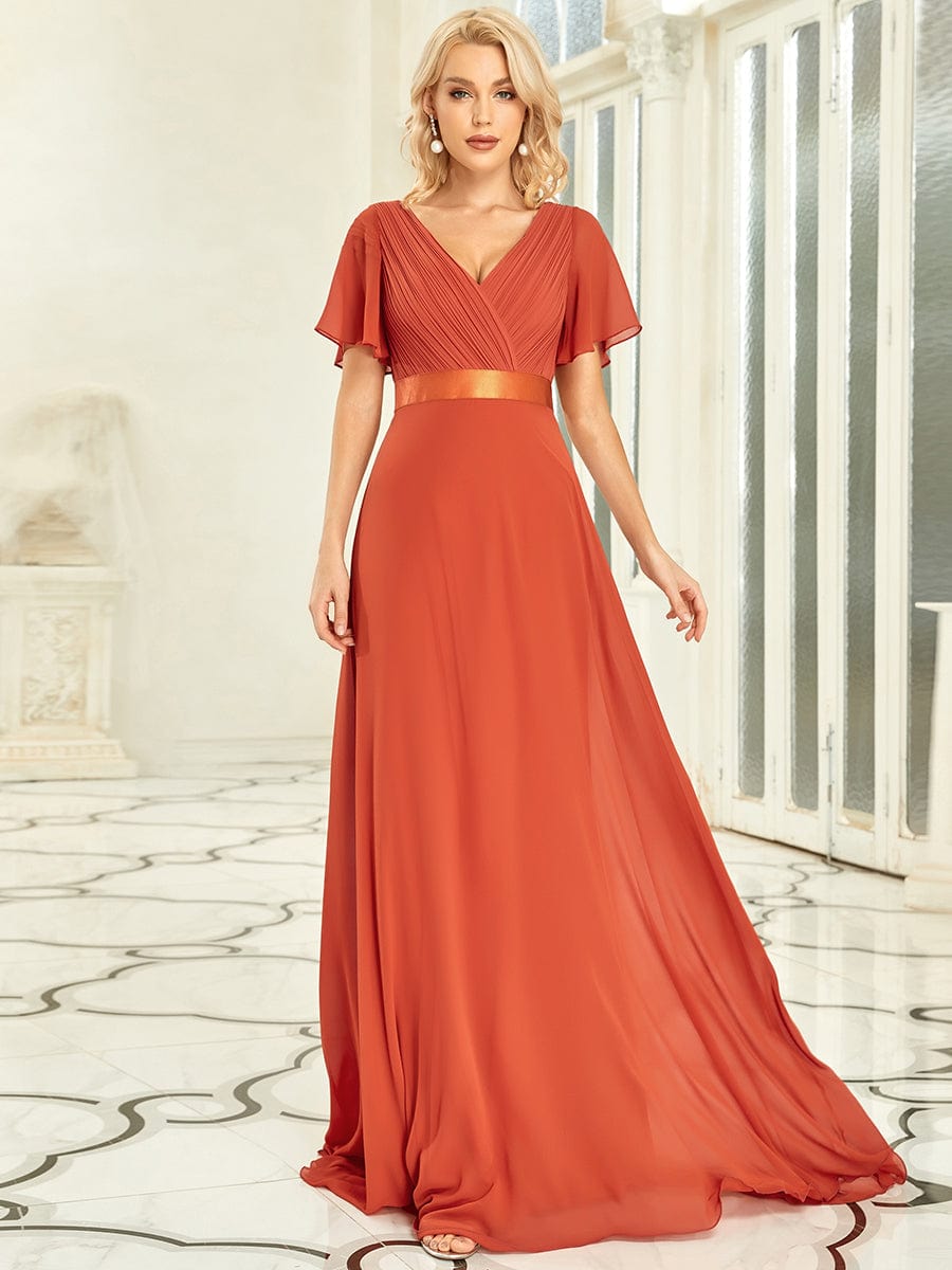 Custom Size V-neck Empire Waist Maxi Bridesmaid Dress with Short Sleeves #color_Burnt Orange