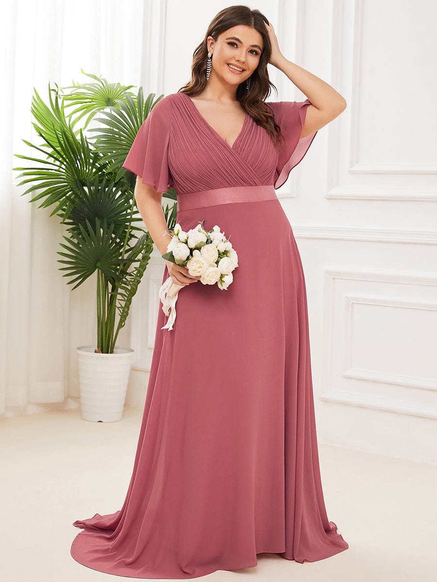 Flutter Sleeves Long Plus Size Bridesmaid Dress #color_Cameo Brown