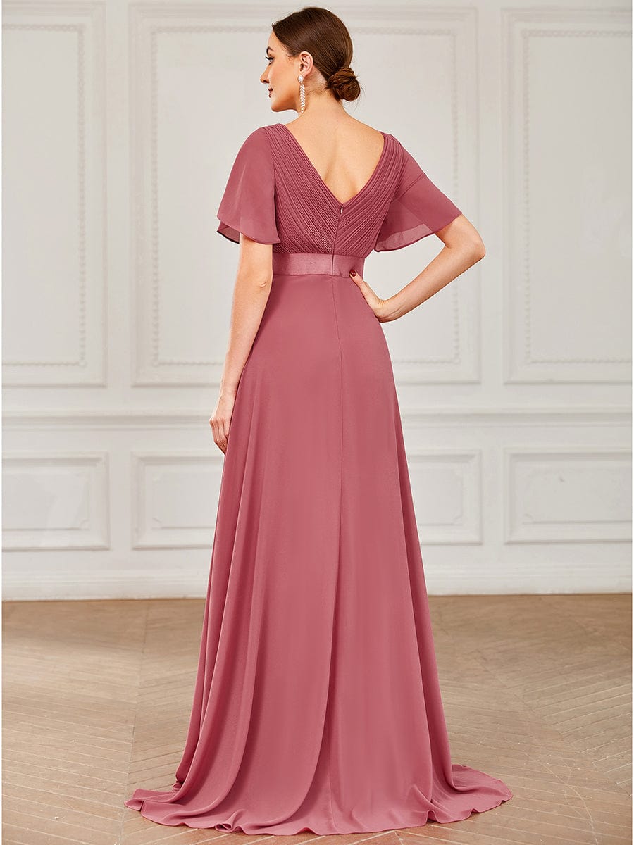 Empire Waist Floor Length Bridesmaid Dress with Short Flutter Sleeves #color_Cameo Brown