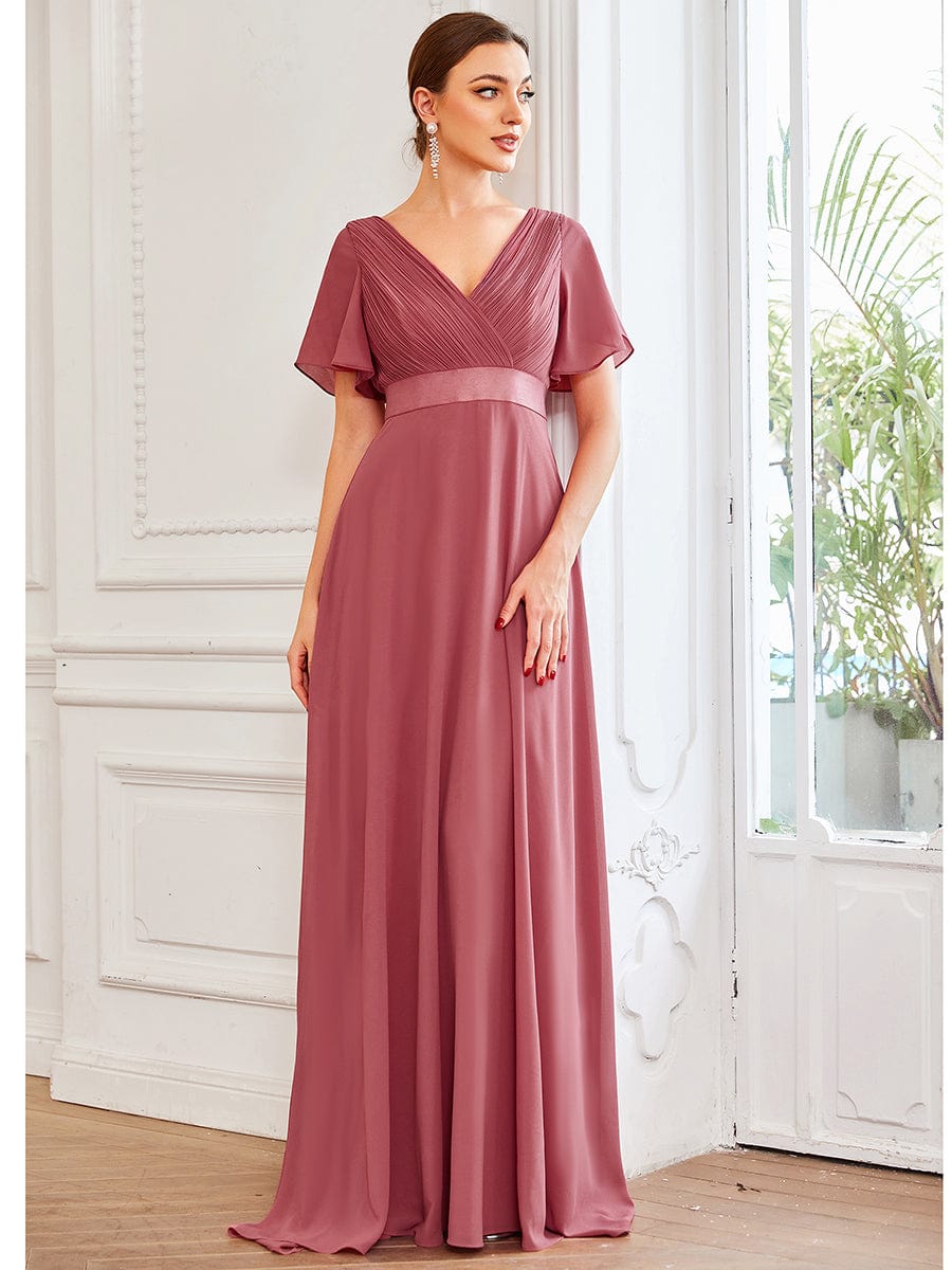 Custom Size V-neck Empire Waist Maxi Bridesmaid Dress with Short Sleeves #color_Cameo Brown