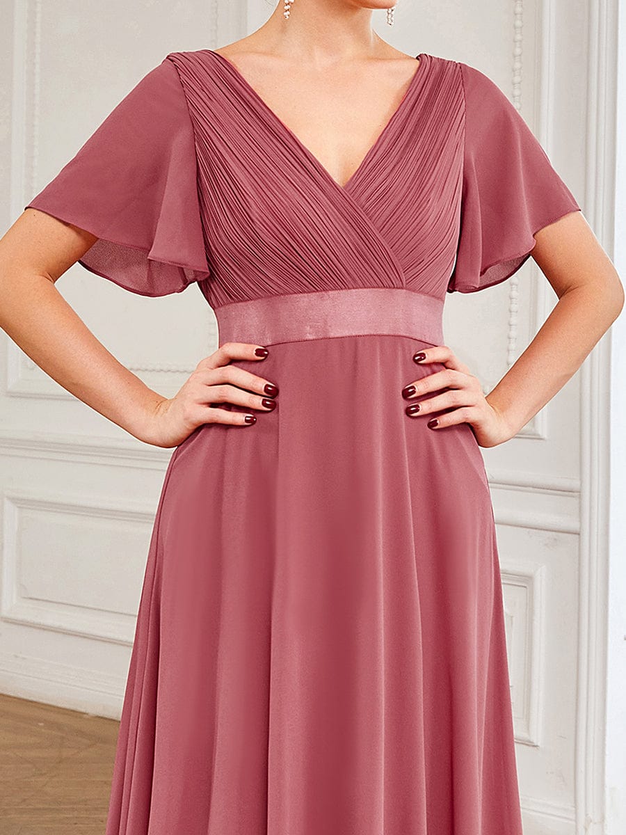 Empire Waist Floor Length Bridesmaid Dress with Short Flutter Sleeves #color_Cameo Brown
