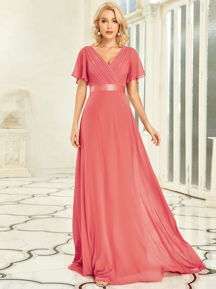 Custom Size V-neck Empire Waist Maxi Bridesmaid Dress with Short Sleeves #color_Coral