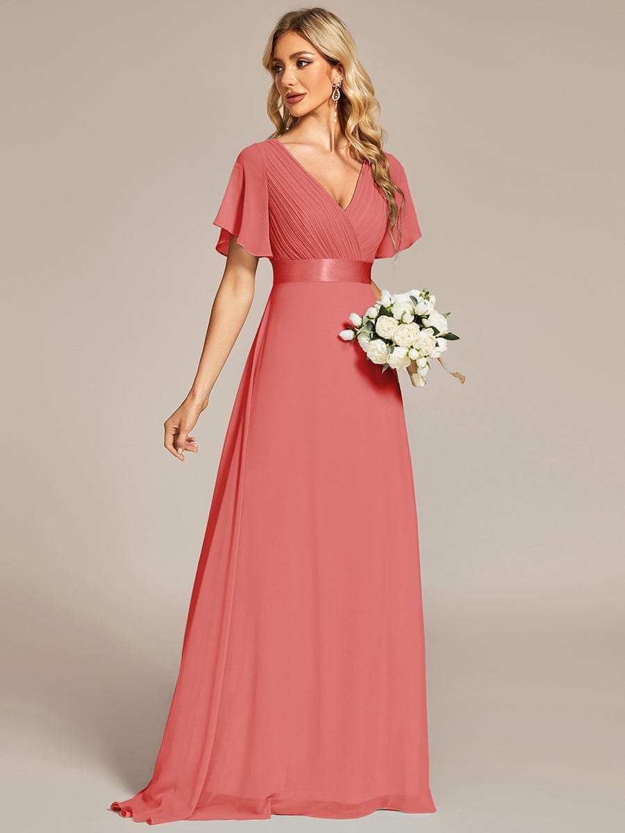 High Waist Maxi Chiffon Bridesmaid Dress with Short Sleeves #color_Coral