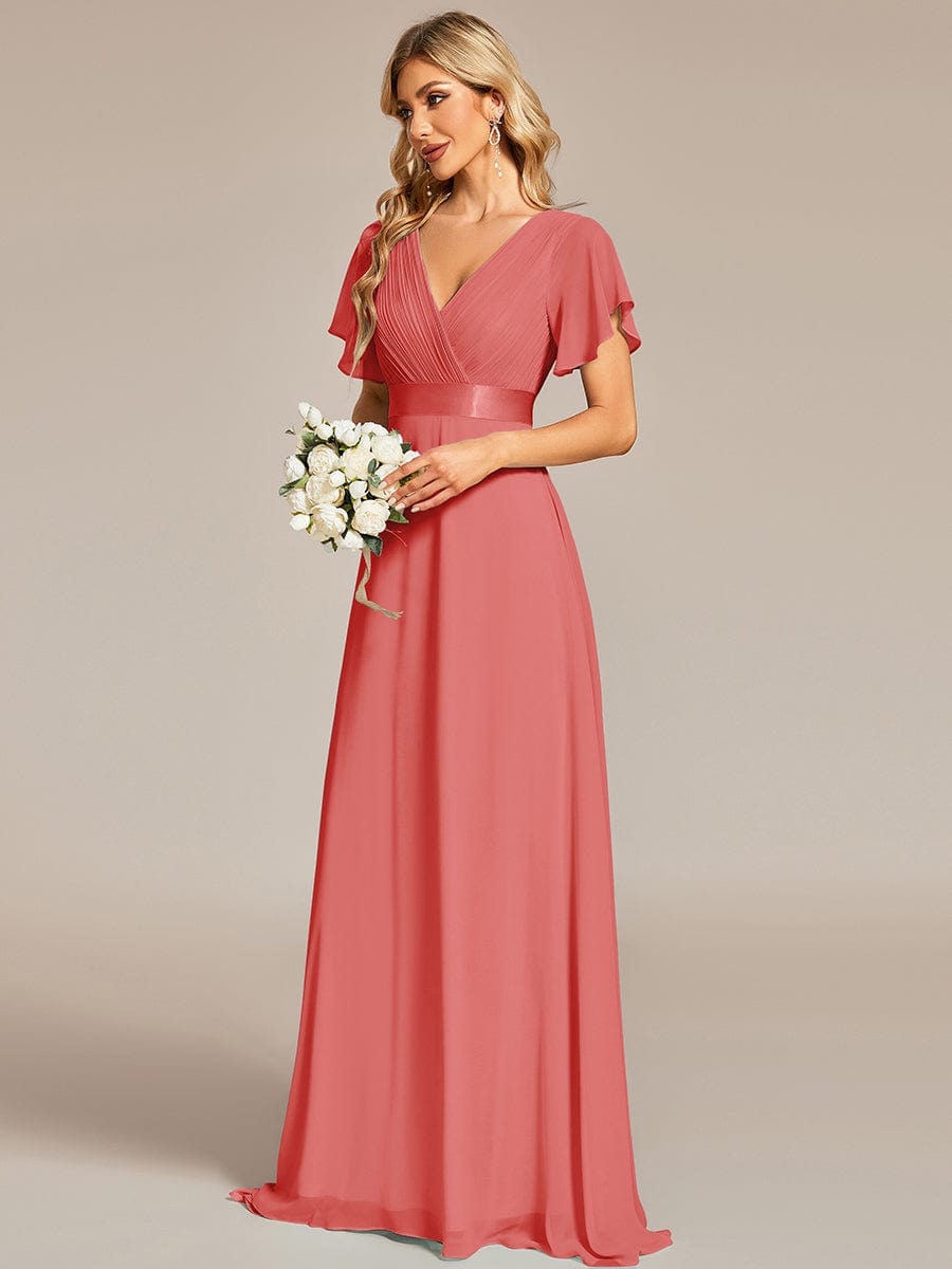 High Waist Maxi Chiffon Bridesmaid Dress with Short Sleeves #color_Coral