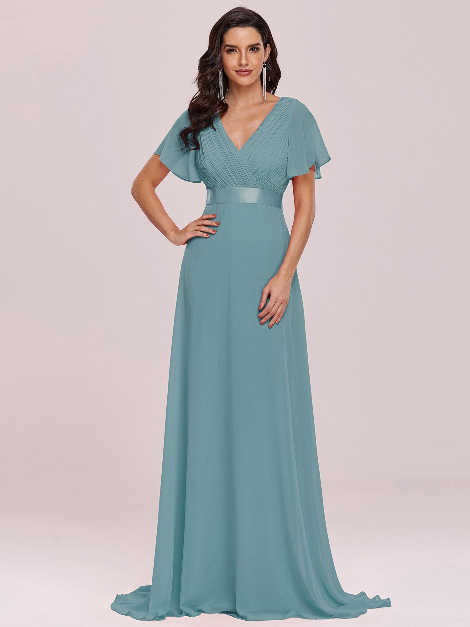 Custom Size V-neck Empire Waist Maxi Bridesmaid Dress with Short Sleeves #color_Dusty Blue