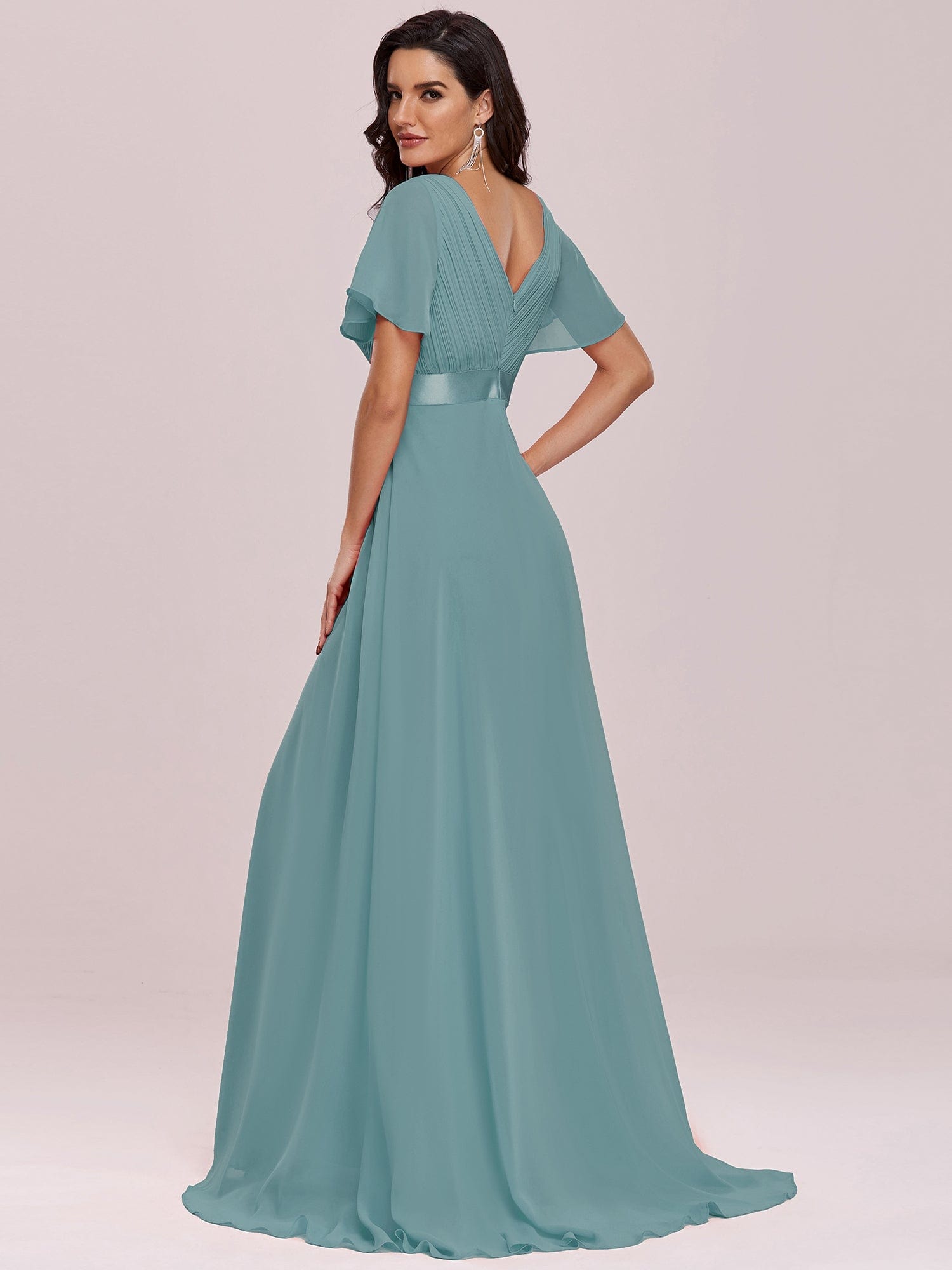 Custom Size V-neck Empire Waist Maxi Bridesmaid Dress with Short Sleeves #color_Dusty Blue