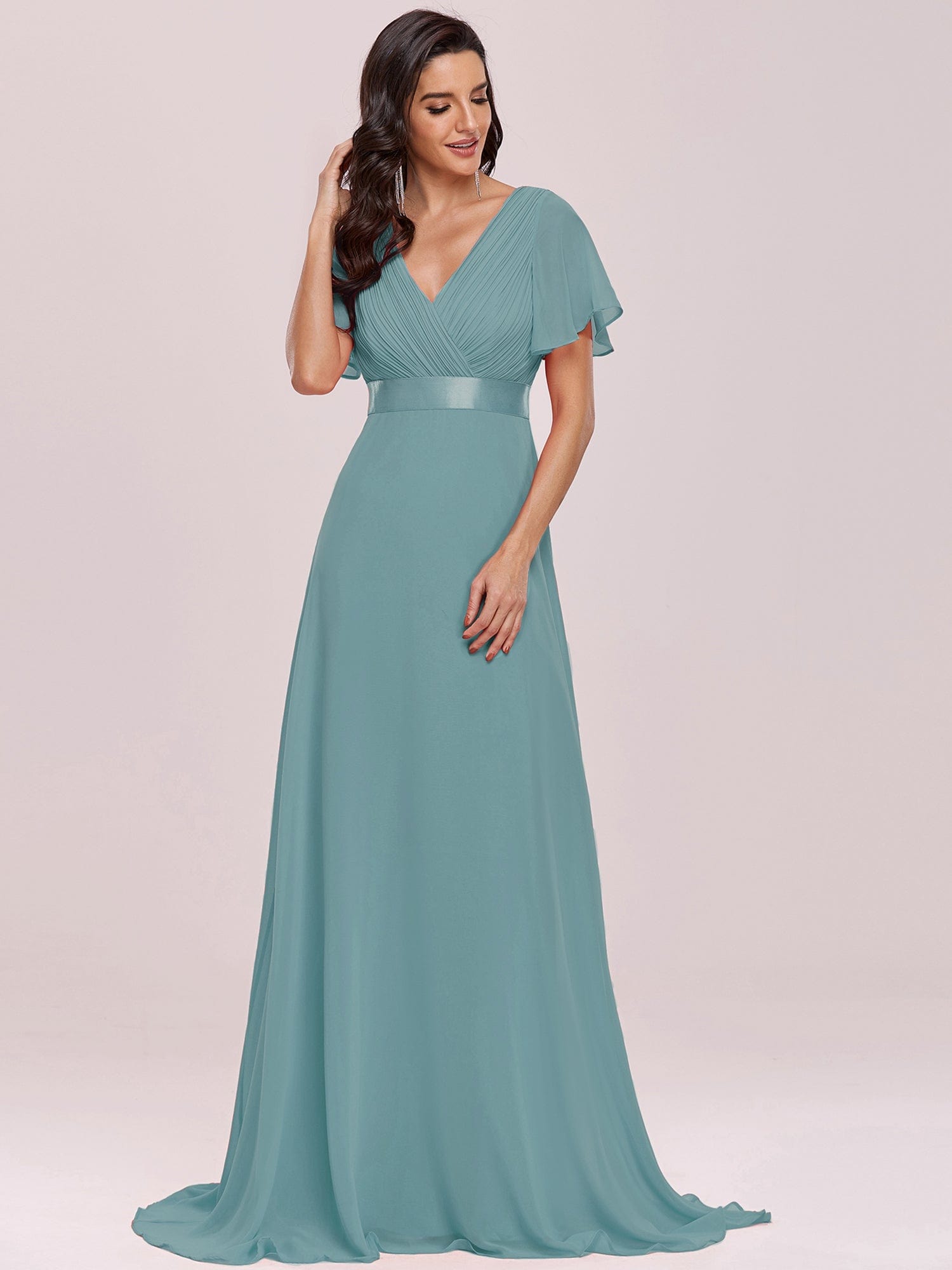 Custom Size V-neck Empire Waist Maxi Bridesmaid Dress with Short Sleeves #color_Dusty Blue