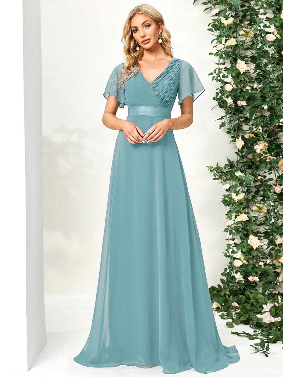 High Waist Maxi Chiffon Bridesmaid Dress with Short Sleeves #color_Dusty Blue