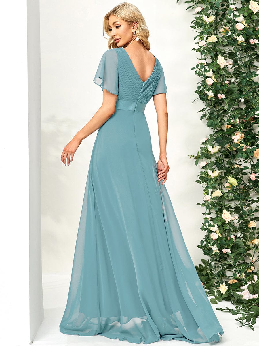 High Waist Maxi Chiffon Bridesmaid Dress with Short Sleeves #color_Dusty Blue