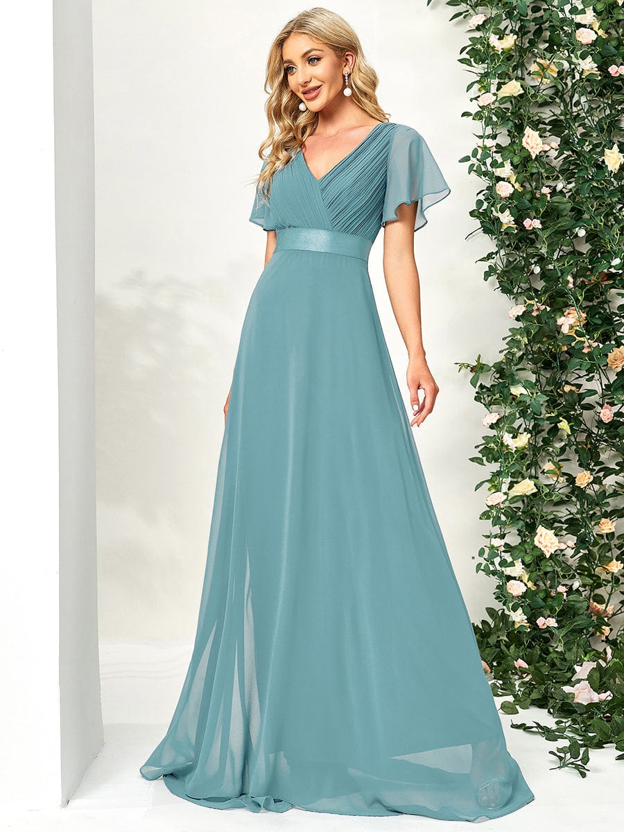 High Waist Maxi Chiffon Bridesmaid Dress with Short Sleeves #color_Dusty Blue