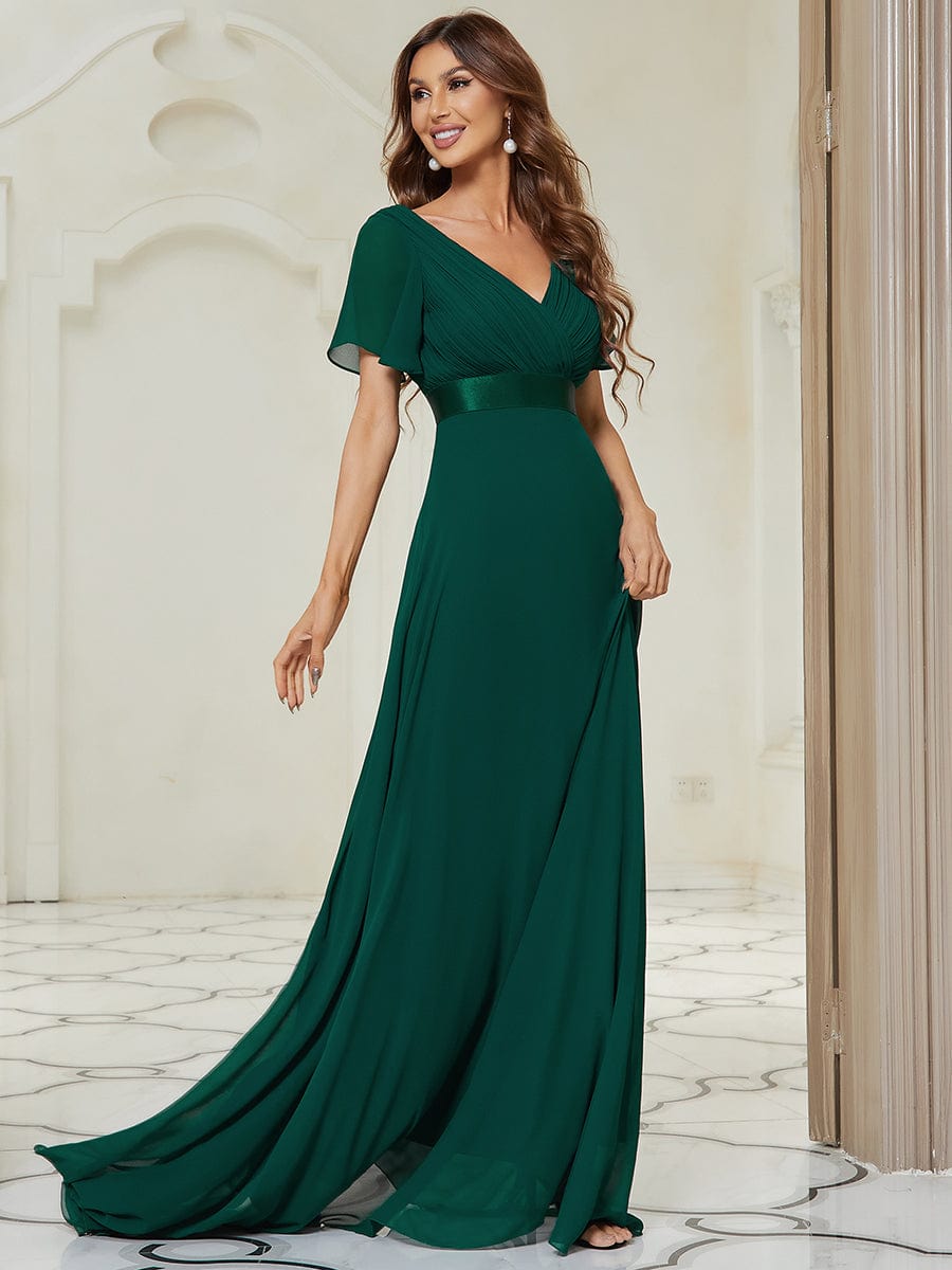 Custom Size V-neck Empire Waist Maxi Bridesmaid Dress with Short Sleeves #color_Dark Green