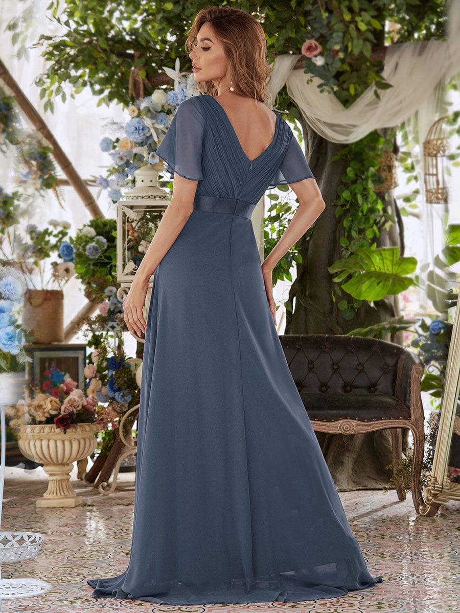 Custom Size V-neck Empire Waist Maxi Bridesmaid Dress with Short Sleeves #color_Dusty Navy