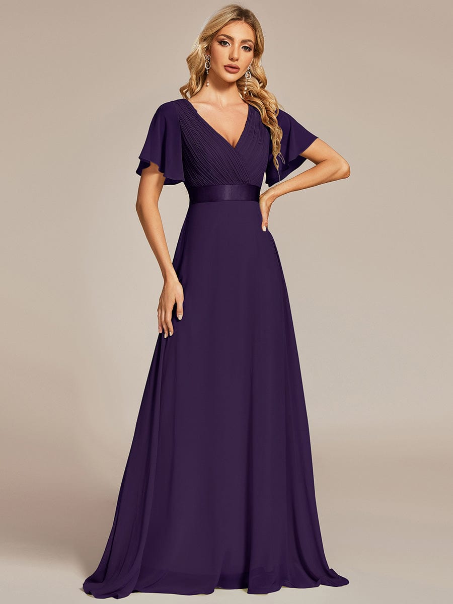 Empire Waist Floor Length Bridesmaid Dress with Short Flutter Sleeves #color_Dark Purple