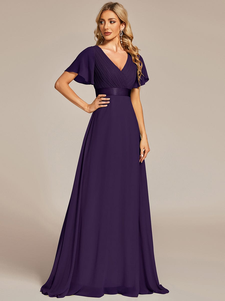 Empire Waist Floor Length Bridesmaid Dress with Short Flutter Sleeves #color_Dark Purple