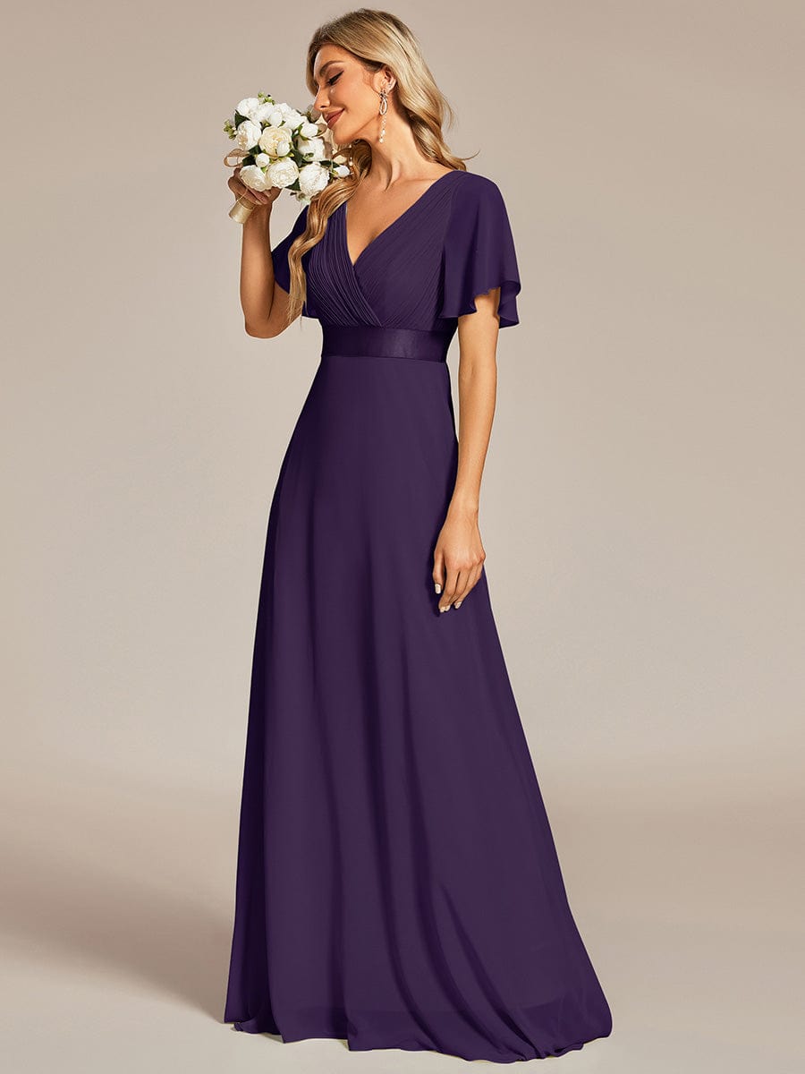 Empire Waist Floor Length Bridesmaid Dress with Short Flutter Sleeves #color_Dark Purple