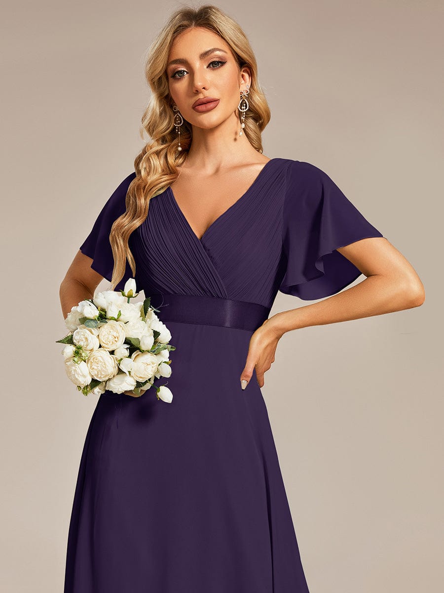 Empire Waist Floor Length Bridesmaid Dress with Short Flutter Sleeves #color_Dark Purple
