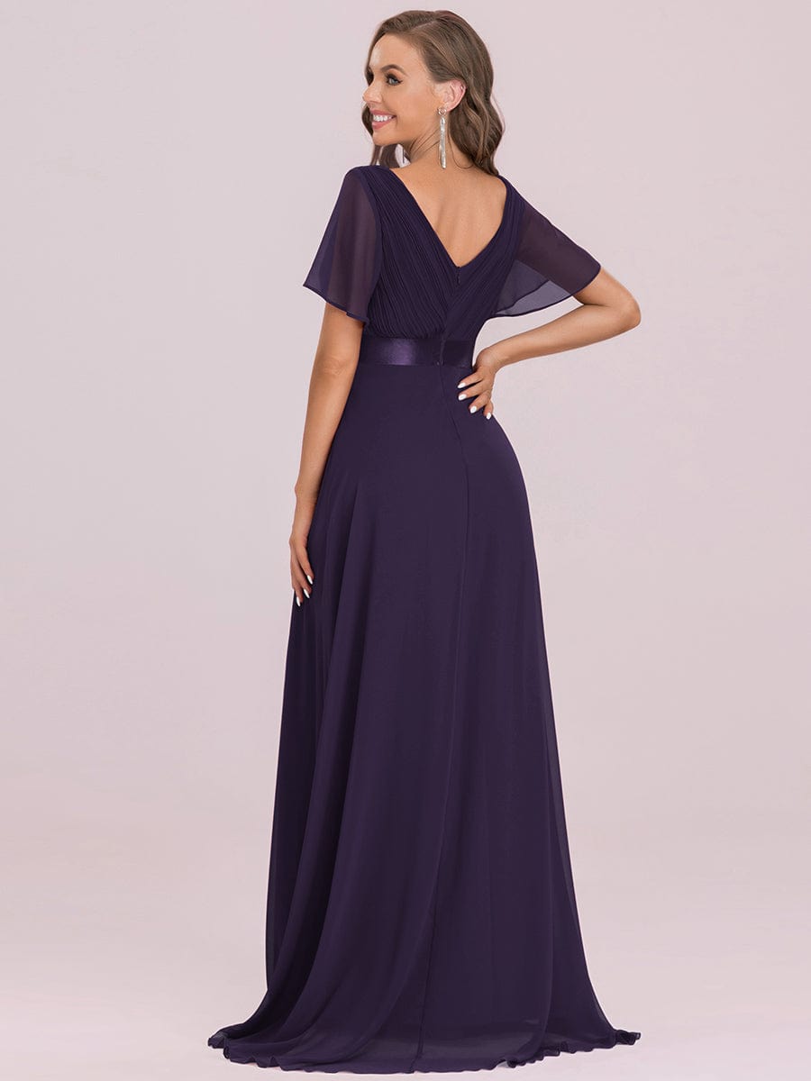 Custom Size V-neck Empire Waist Maxi Bridesmaid Dress with Short Sleeves #color_Dark Purple