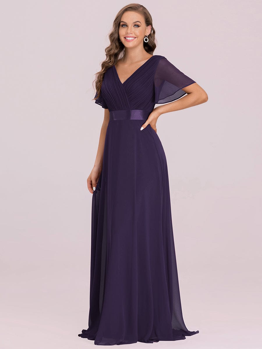 Custom Size V-neck Empire Waist Maxi Bridesmaid Dress with Short Sleeves #color_Dark Purple