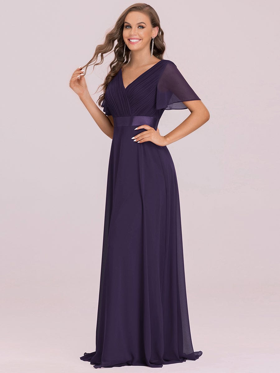 Custom Size V-neck Empire Waist Maxi Bridesmaid Dress with Short Sleeves #color_Dark Purple