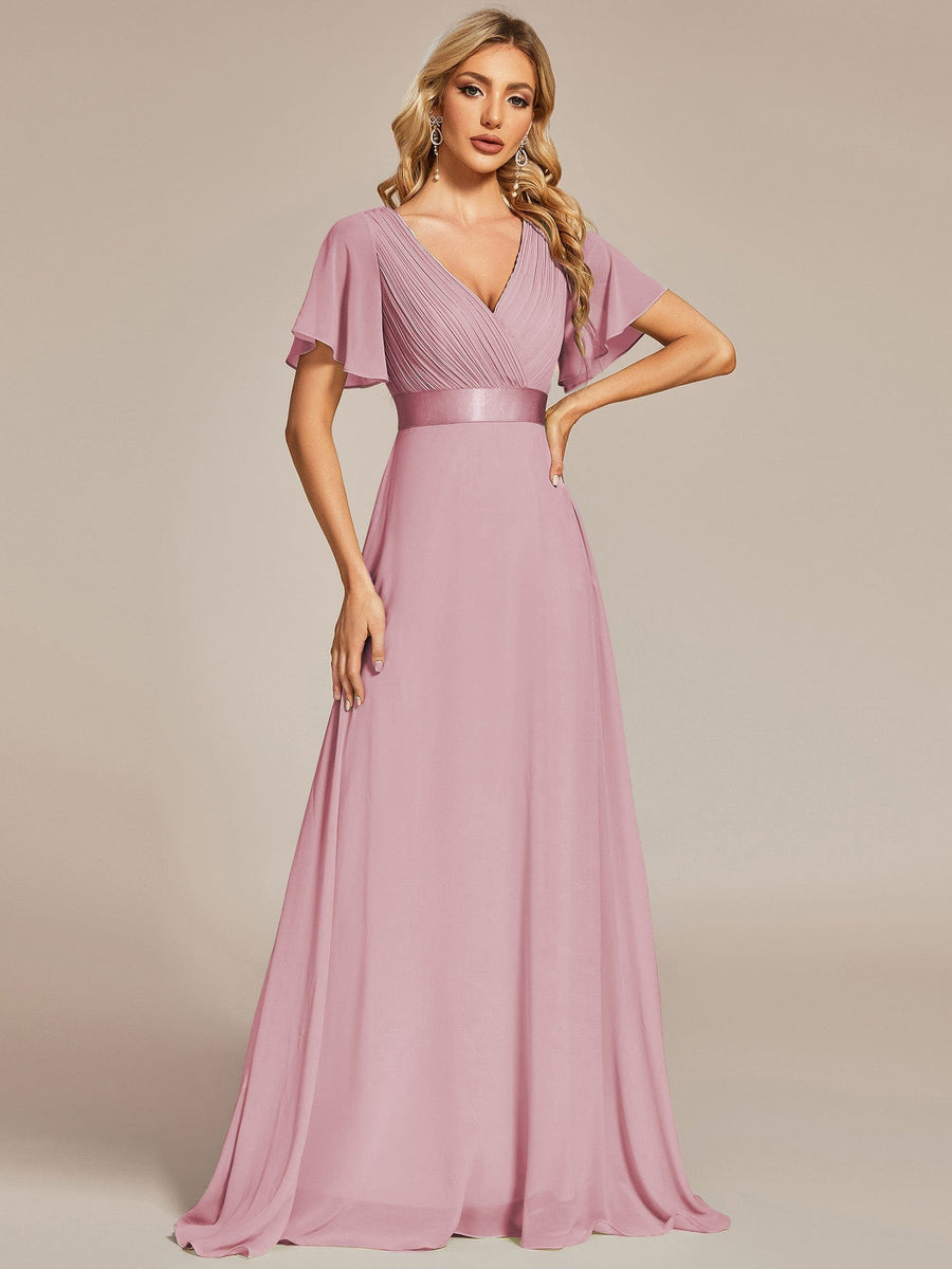 Custom Size V-neck Empire Waist Maxi Bridesmaid Dress with Short Sleeves #color_Dusty Rose