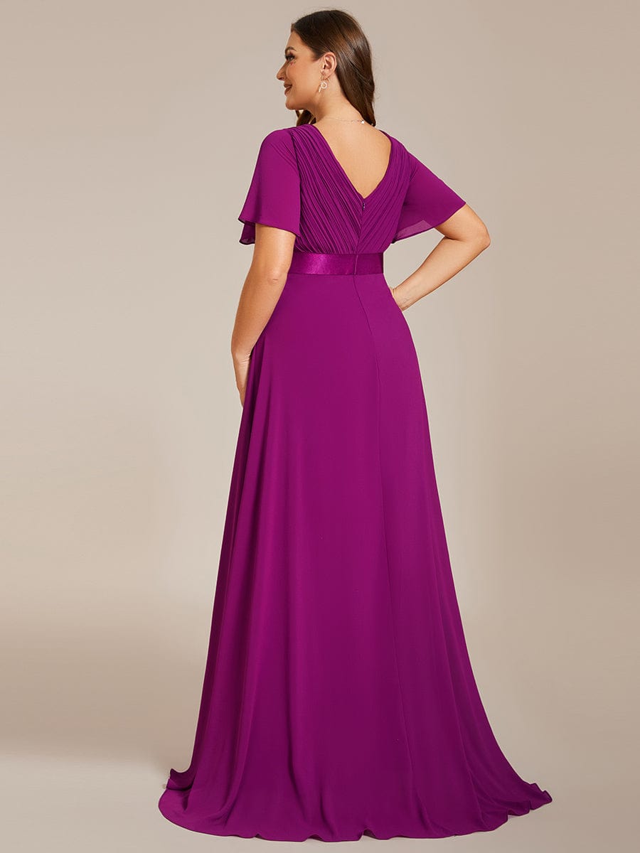 High Waist Maxi Chiffon Bridesmaid Dress with Short Sleeves #color_Fuchsia