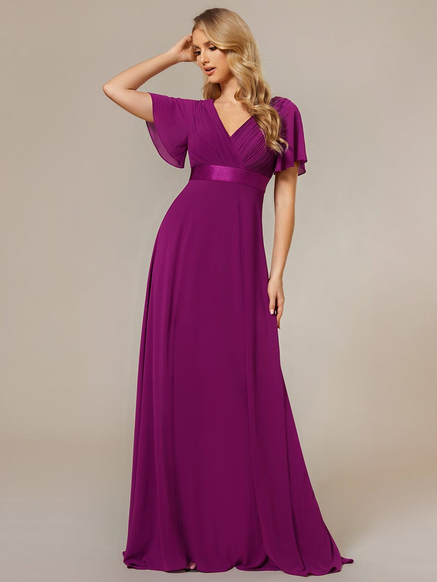 High Waist Maxi Chiffon Bridesmaid Dress with Short Sleeves #color_Fuchsia