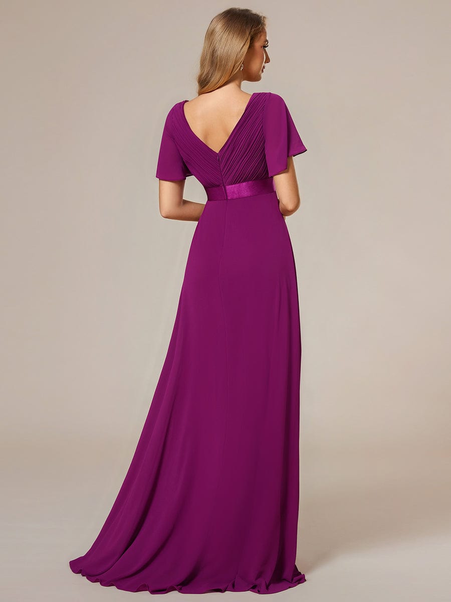 High Waist Maxi Chiffon Bridesmaid Dress with Short Sleeves #color_Fuchsia