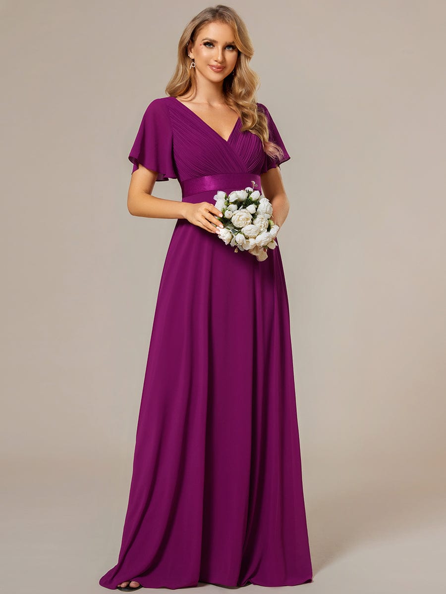 High Waist Maxi Chiffon Bridesmaid Dress with Short Sleeves #color_Fuchsia