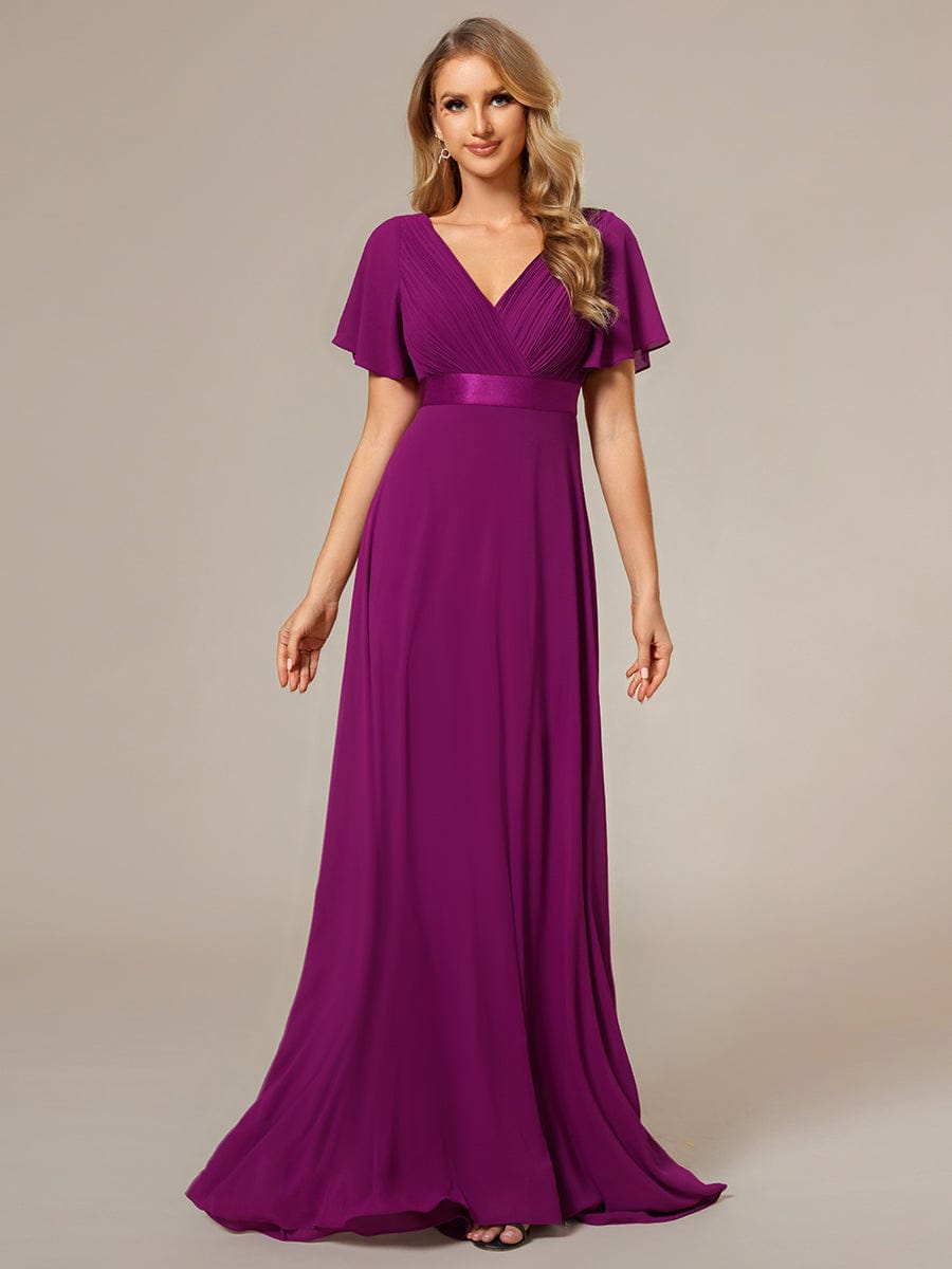 High Waist Maxi Chiffon Bridesmaid Dress with Short Sleeves #color_Fuchsia