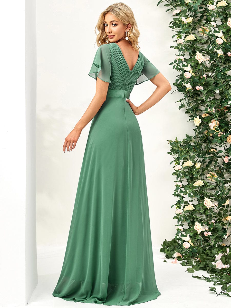 Custom Size V-neck Empire Waist Maxi Bridesmaid Dress with Short Sleeves #color_Green Bean