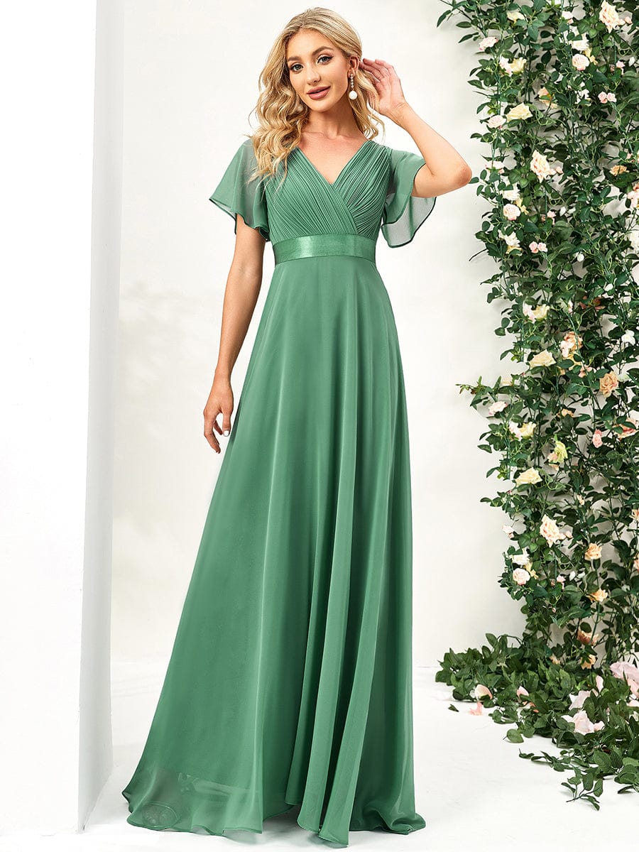 Custom Size V-neck Empire Waist Maxi Bridesmaid Dress with Short Sleeves #color_Green Bean