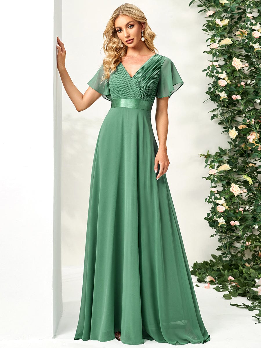 Custom Size V-neck Empire Waist Maxi Bridesmaid Dress with Short Sleeves #color_Green Bean