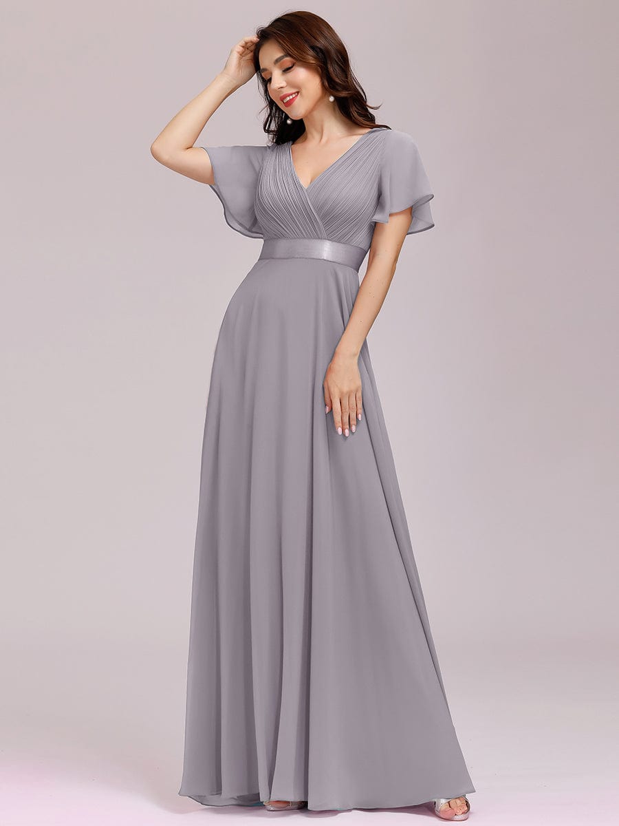 Custom Size V-neck Empire Waist Maxi Bridesmaid Dress with Short Sleeves #color_Grey