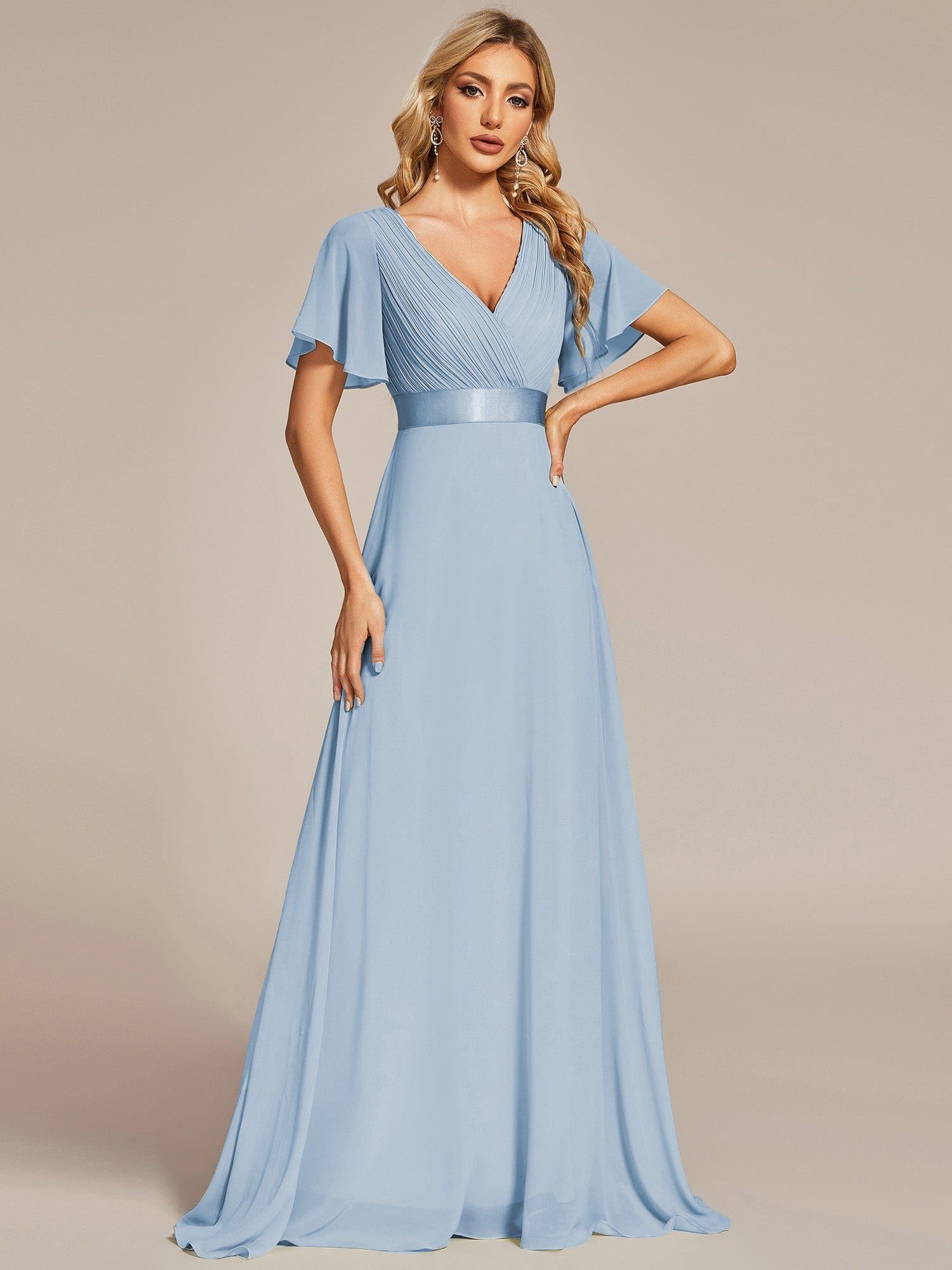 Custom Size V-neck Empire Waist Maxi Bridesmaid Dress with Short Sleeves #color_Ice Blue