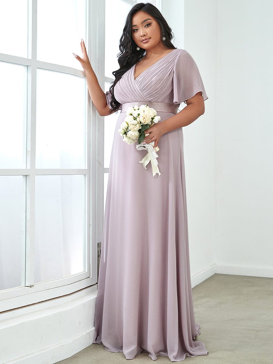 Empire Waist Floor Length Bridesmaid Dress with Short Flutter Sleeves #color_Lilac