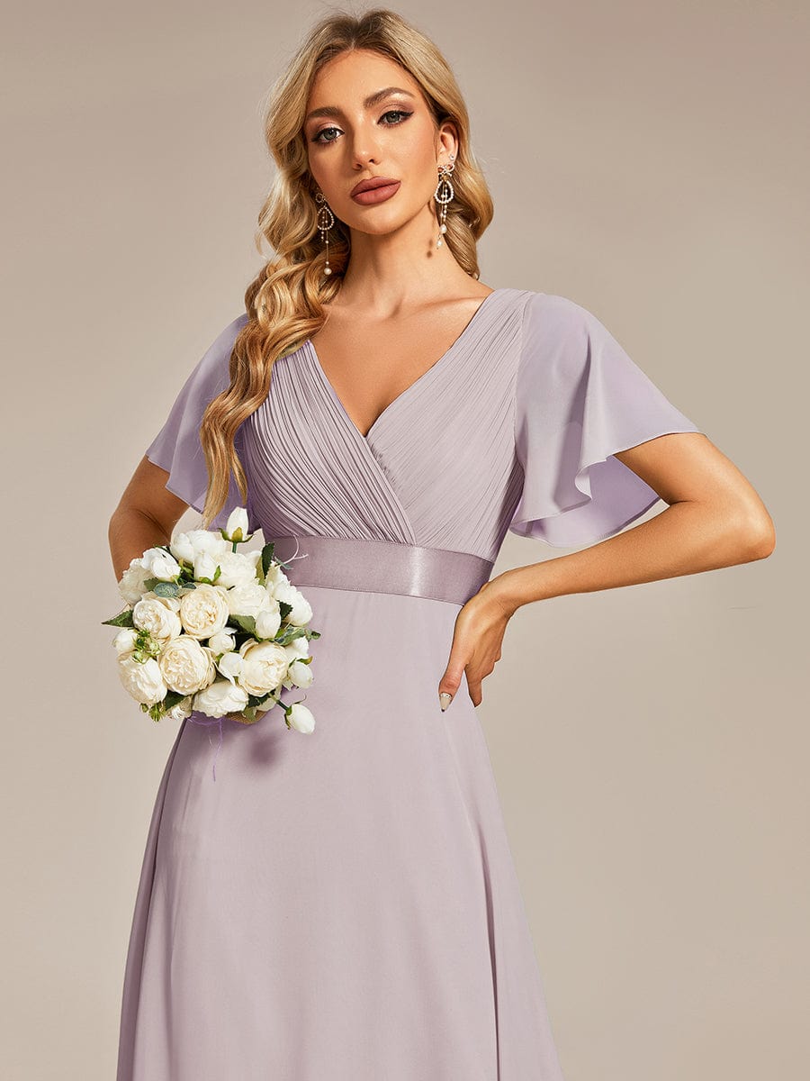 Empire Waist Floor Length Bridesmaid Dress with Short Flutter Sleeves #color_Lilac