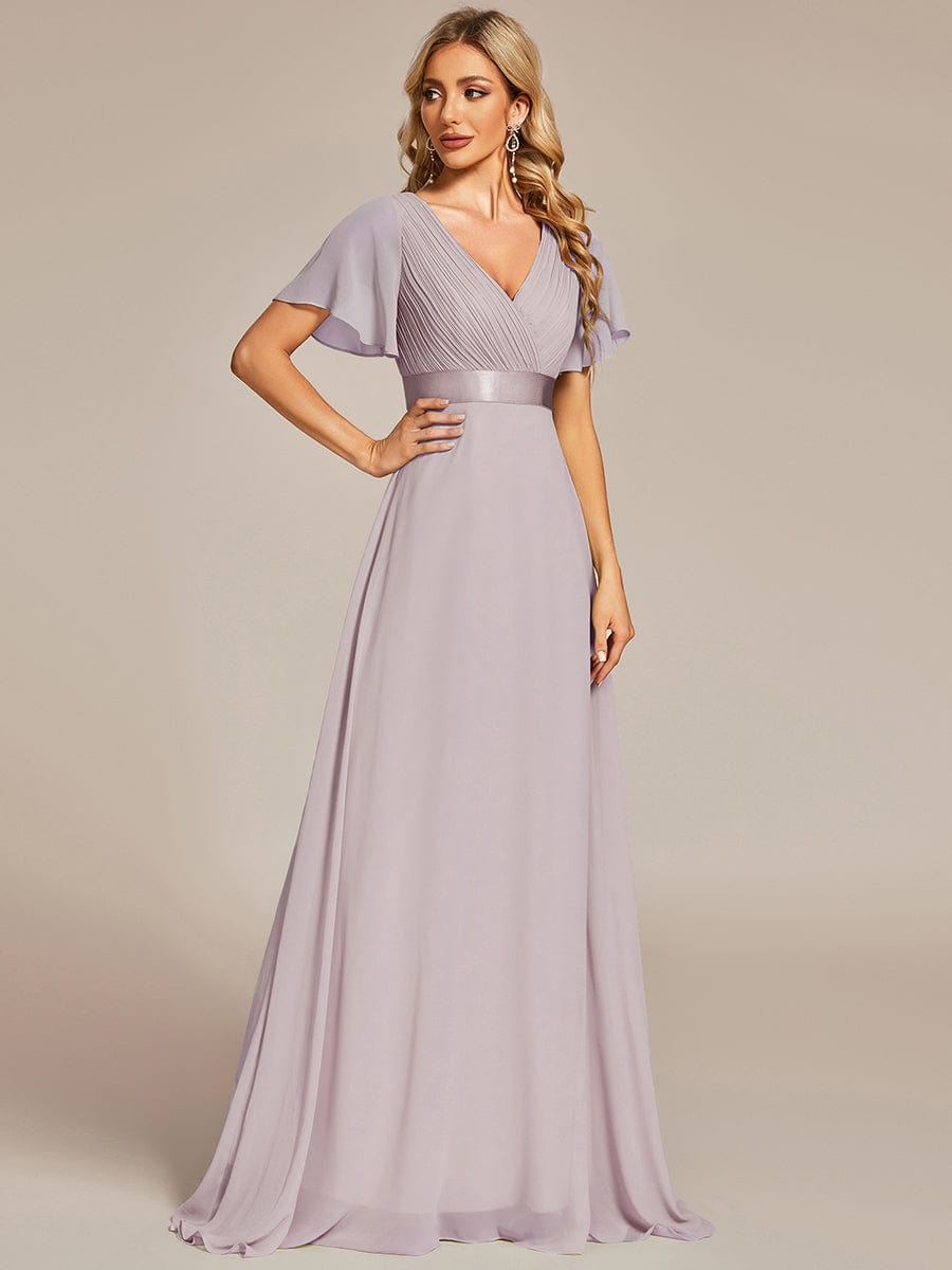 Custom Size V-neck Empire Waist Maxi Bridesmaid Dress with Short Sleeves #color_Lilac