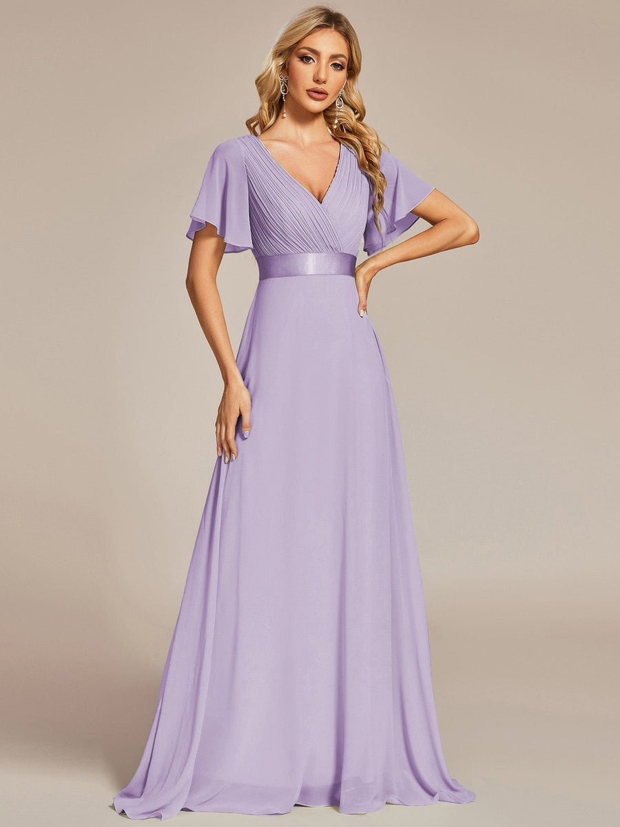 Custom Size V-neck Empire Waist Maxi Bridesmaid Dress with Short Sleeves #color_Lavender