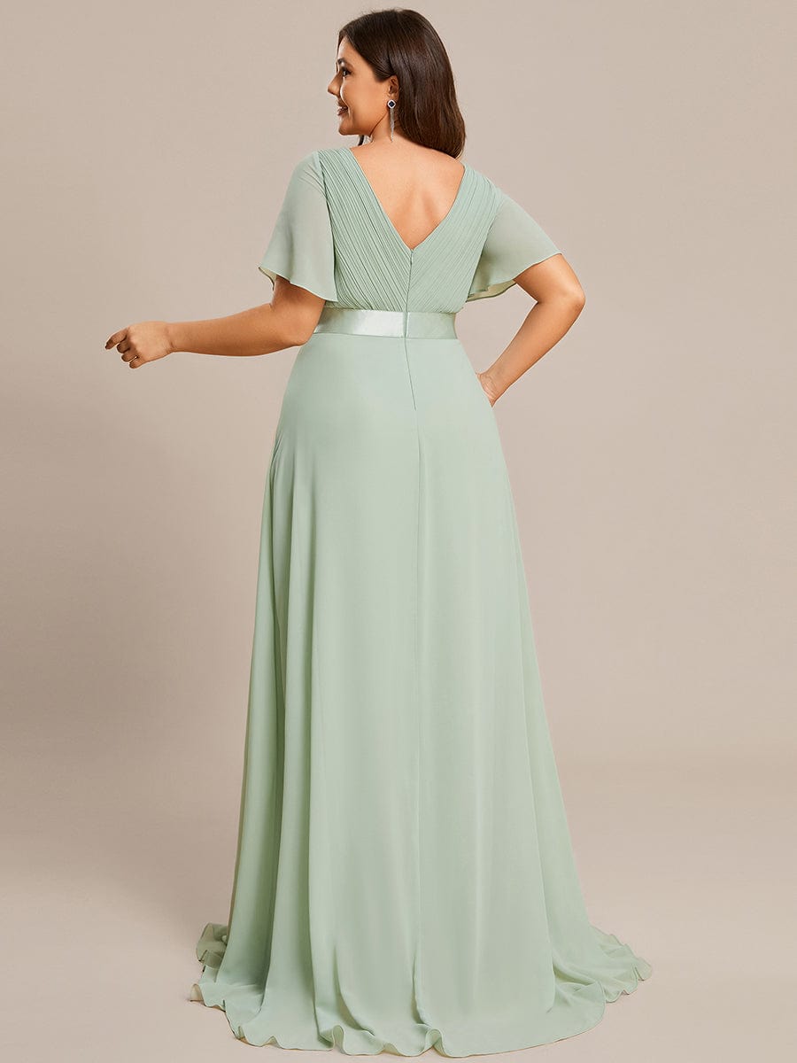 Custom Size V-neck Empire Waist Maxi Bridesmaid Dress with Short Sleeves #color_Mint Green