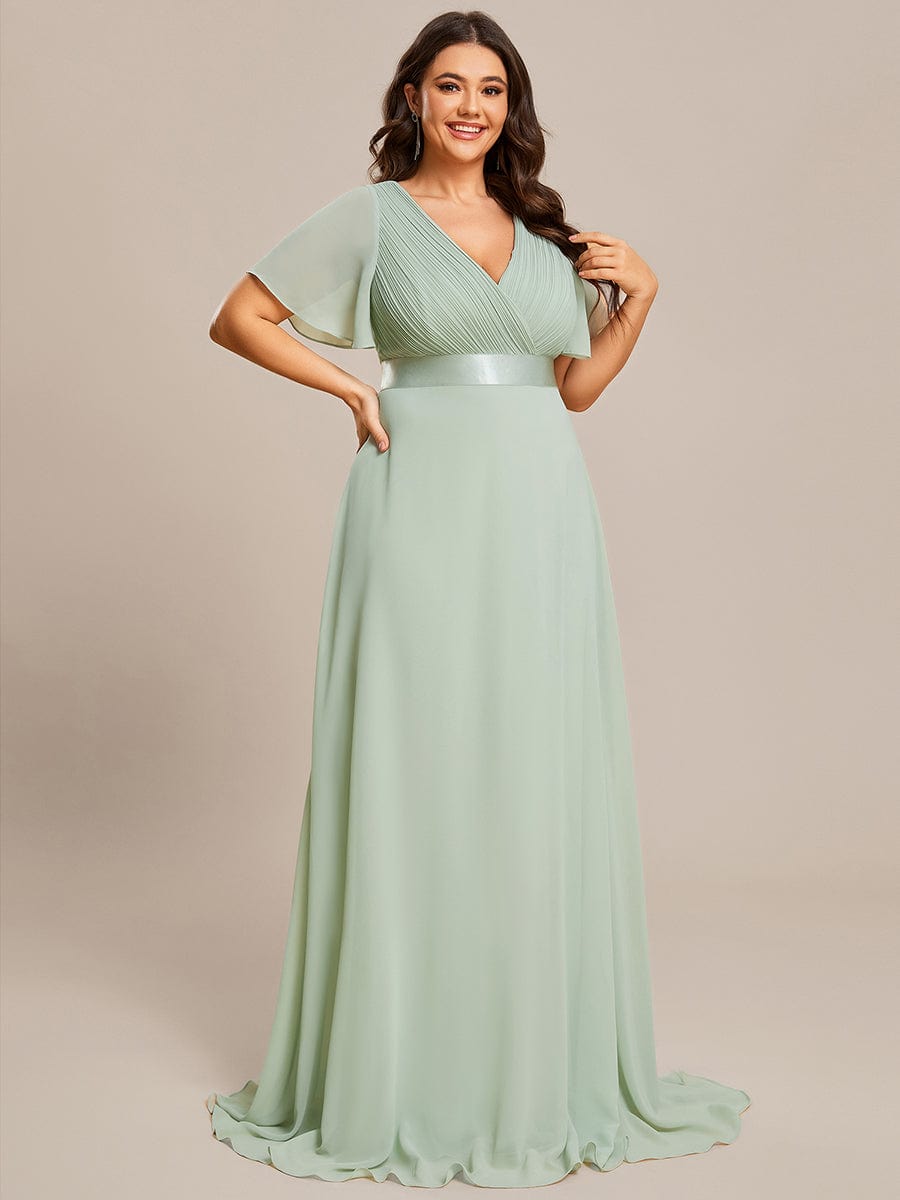 Custom Size V-neck Empire Waist Maxi Bridesmaid Dress with Short Sleeves #color_Mint Green