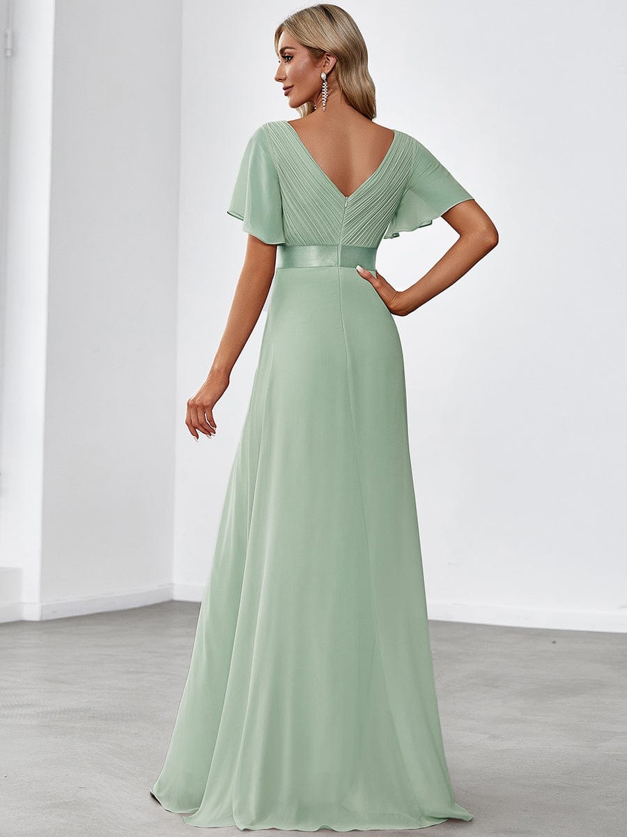 Custom Size V-neck Empire Waist Maxi Bridesmaid Dress with Short Sleeves #color_Mint Green