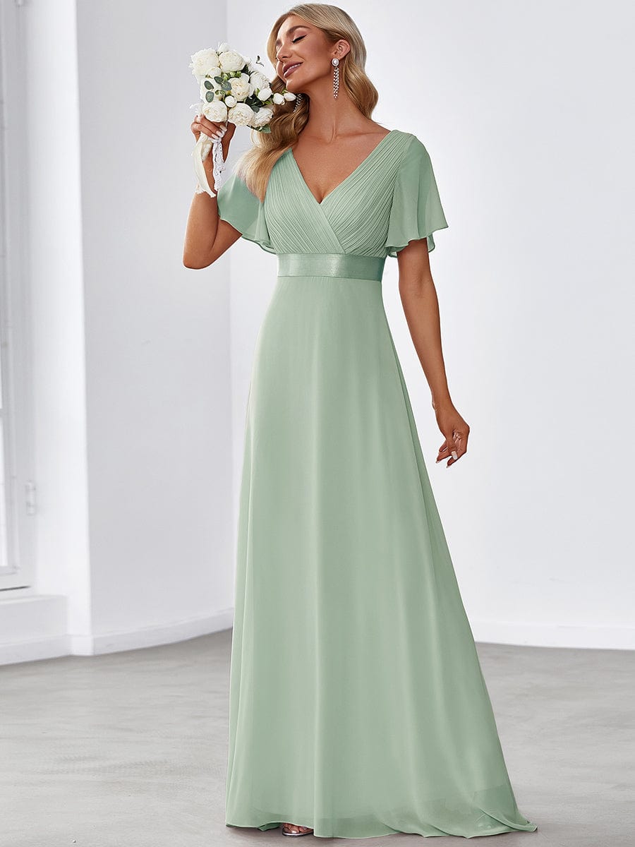 Custom Size V-neck Empire Waist Maxi Bridesmaid Dress with Short Sleeves #color_Mint Green