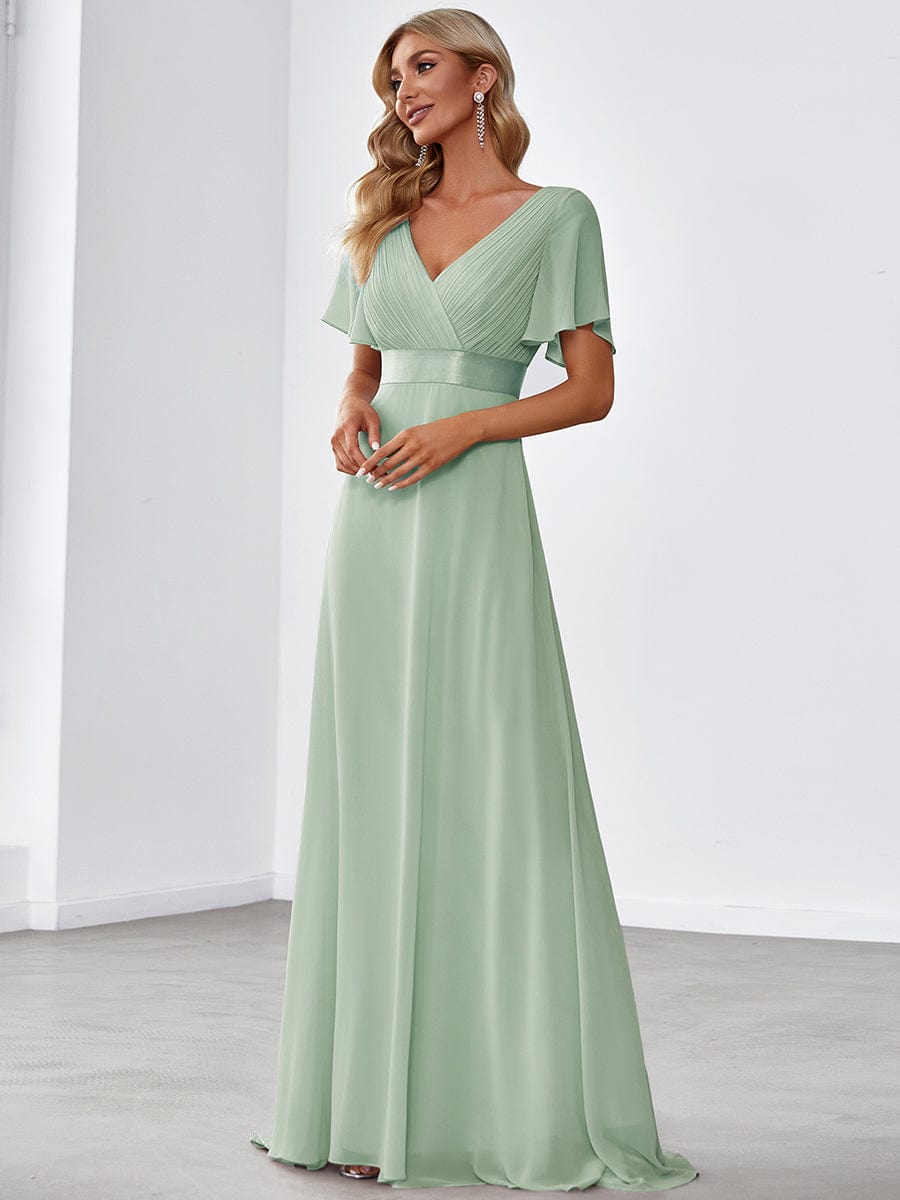 Custom Size V-neck Empire Waist Maxi Bridesmaid Dress with Short Sleeves #color_Mint Green